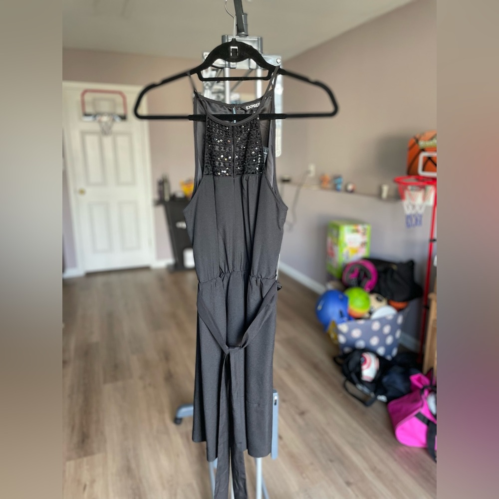 Black cocktail dress with sequin crochet neck size small